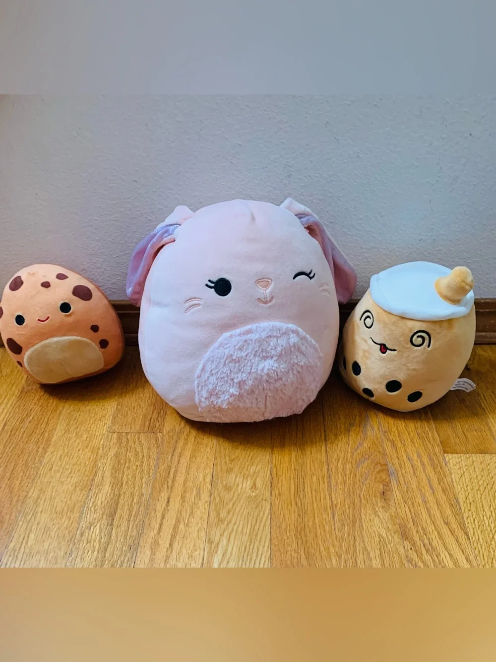 Squishmallow Lot of 3: Pink Bunny, Chocolate Chip Cookie, Boba Tea Plush Toys